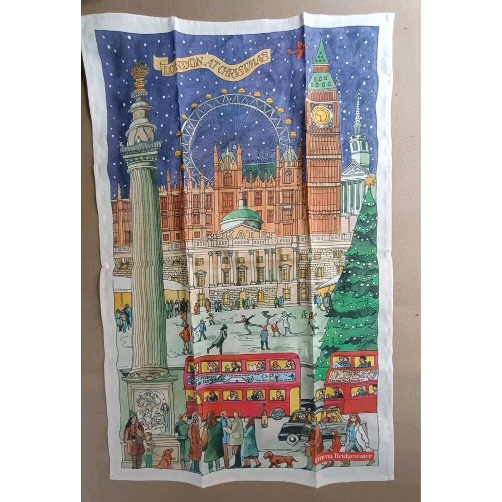 NWT Emma Bridgewater London Christmas Tea Towel Big Ben Eye Red Bus Skate Taxi